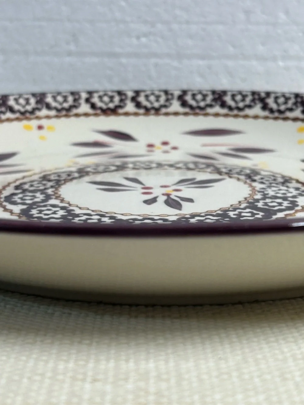 Temp-Tations Cream Plate with Brown and Yellow Floral Pattern